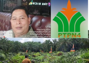 Simon Nainggolan Komandan Investigasi TOPAN RI (kiri atas) | Logo PTPN IV (kanan atas | Proses Eksekusi Lahan (foto bawah) (foto : Mitrapolri.com)
