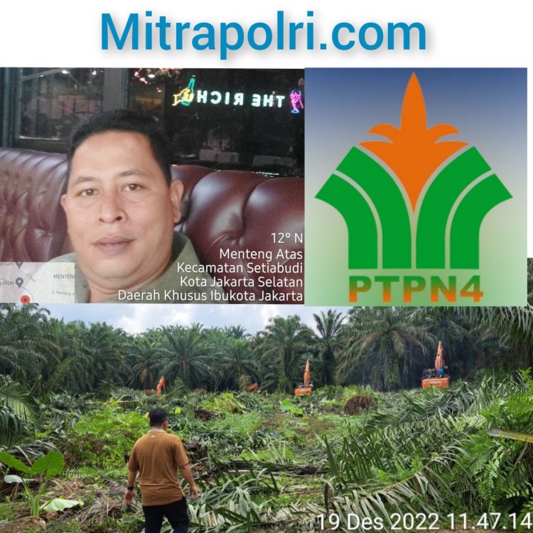 Simon Nainggolan Komandan Investigasi TOPAN RI (kiri atas) | Logo PTPN IV (kanan atas | Proses Eksekusi Lahan (foto bawah) (foto : Mitrapolri.com)