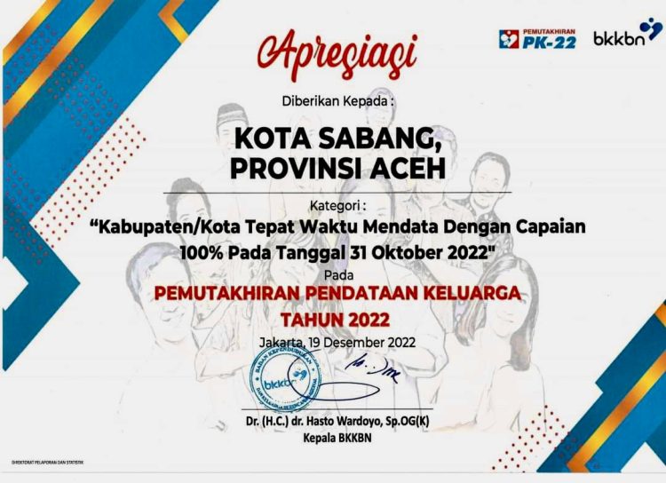 Pemerintah Kota Sabang berhasil meraih penghargaan nasional pada ajang menerima Apresiasi Pelaksanaan Pemutakhiran Pendataan Keluarga 2022 (PK-22)