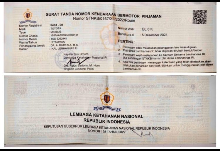 STNK yang dikeluarkan melalui Keputusan Gubernur Lemhanas RI Nomor 198 Tahun 2022