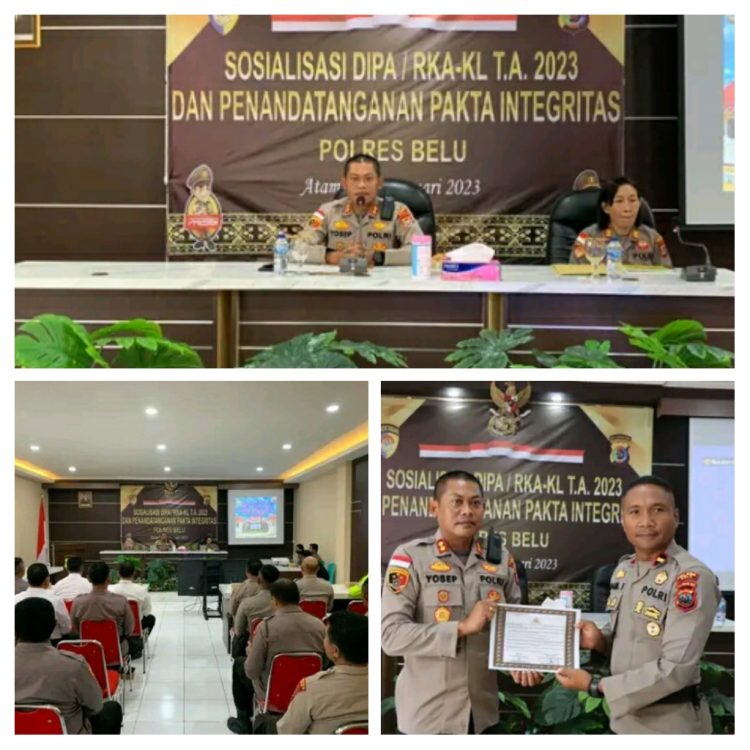 Kepolisian Resor (Polres) Belu, Polda NTT menggelar sosialisasi Daftar Isian Pelaksanaan Anggaran (DIPA) serta Rencana Kerja (Raker) dan Anggaran Kementerian Negara/Lembaga (RKA-KL) tahun anggaran 2023