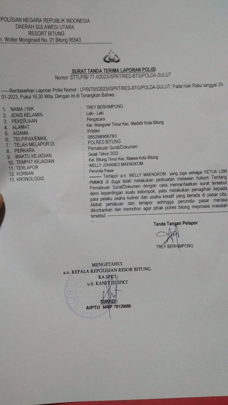 Perumda pasar kota Bitung melaporkan secara resmi Pimpinan Ormas Peduli Masyarakat Minahasa - PMM yaitu WM alias Welly kepada pihak kepolisian, atas dugaan pemalsuan dokumen Kesbangpol