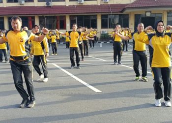 Polda Sumatera Selatan kembali menggelar olahraga bersama Apel pagi Olahraga dipimpin Wadir Samapta Polda Sumsel AKBP Yusantiyo Sandhy SIK