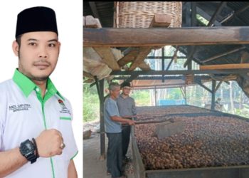 Ketua Koperasi HKTI Aceh Utara, Andi Saputra saat berdiskusi langsung dengan Pedagang Pinang di Keude Paya Bakong