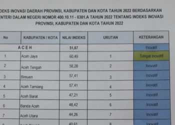 10 besar Indeks Inovasi Daerah dalam Provinsi Aceh, dengan kategori Inovatif