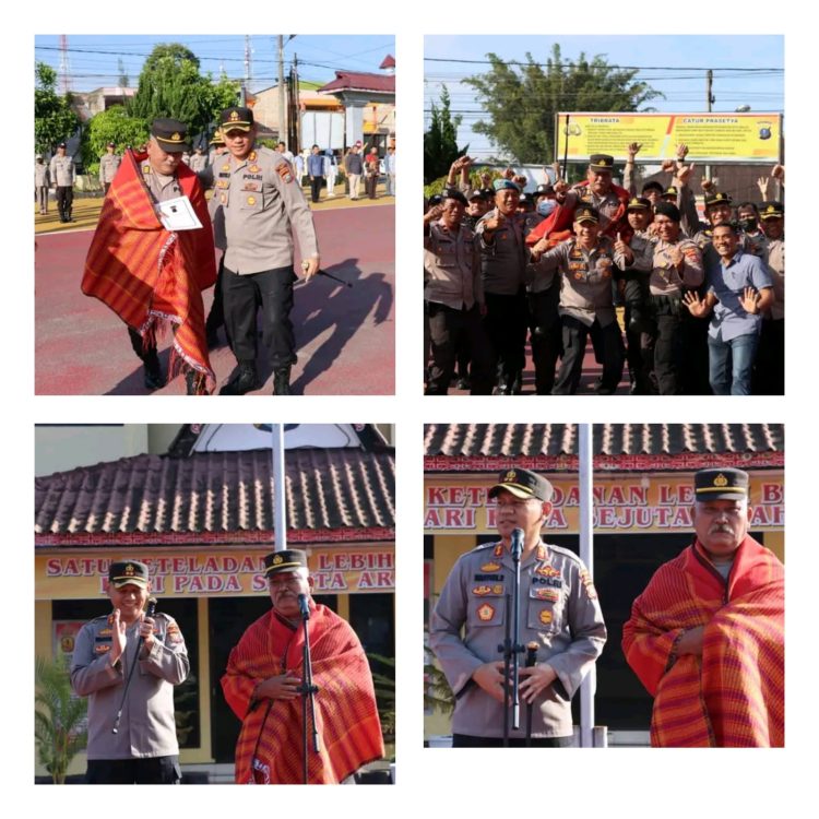 Kapolres Dairi AKBP Wahyudi Rahman, S.H, S.I.K, M.M pimpin pelaksanaan Upacara Pelepasan Personil Memasuki Purna Bhakti Polres Dairi An. AKP Maruli Tambunan di Halaman Apel Polres Dairi