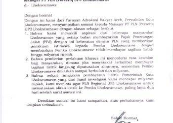 Kepala Perwakilan YARA Lhokseumawe, Ibnu Sina menyampaikan somasi kepada Kepala PLN Regional UP3 Lhokseumawe