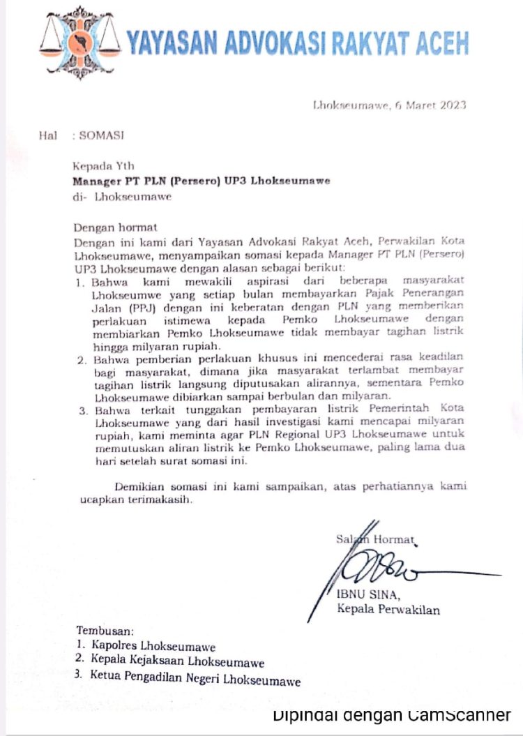 Kepala Perwakilan YARA Lhokseumawe, Ibnu Sina menyampaikan somasi kepada Kepala PLN Regional UP3 Lhokseumawe