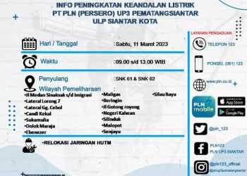 Pemadaman aliran listrik hari ini, Sabtu (11/03/2023) di Kota Pematangsiantar