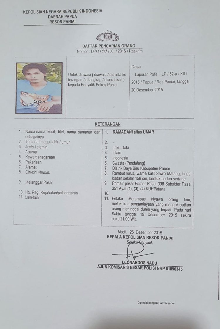 Kepolisian Resor Paniai akhirnya temukan Pelaku penganiayaan yang mengakibatkan hilangnya nyawa anggota BKO Brimob di Bayabiru