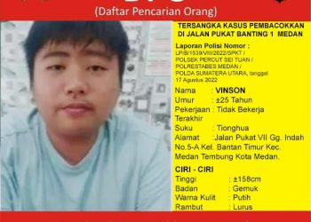DPO Vinson (25) warga Jalan Pukat VII, Gang Indah, Kelurahan Bantan Timur, Kecamatan Medan Tembung