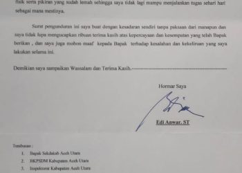 Surat Pengunduran diri Kadis PUPR Aceh Utara