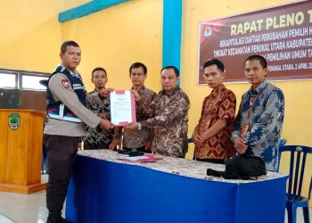 Polsek Penukal Utara Hadirin rapat pleno terbuka rekapitulasi Daftar Pemilih Hasil Pemutakhiran (DPHP) seluruh desa di Kecamatan Penukal Utara, pada Minggu (02/04/2023)