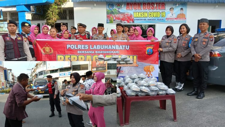 Kasat Samapta Polres Labuhanbatu AKP Amdi Karena beserta jajarannya dan pengurus Bhayangkari berbagi Takjil kepada pengguna jalan di perempatan Pos Lantas Kota R.prapat