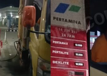 Foto saat petugas SPBU mengisikan BBM Solar Subsidi ke tangki truk colt diesel (kiri) Foto Supir Truk Colt Diesel pengangkut BBM Solar Subsidi (kanan) Foto : KK/Mitrapolri.com