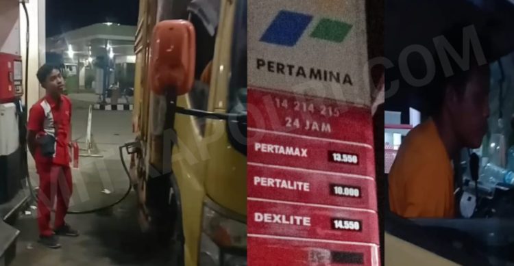 Foto saat petugas SPBU mengisikan BBM Solar Subsidi ke tangki truk colt diesel (kiri) Foto Supir Truk Colt Diesel pengangkut BBM Solar Subsidi (kanan) Foto : KK/Mitrapolri.com