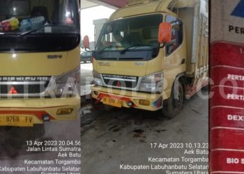 Foto diduga saat truk colt diesel BK 8268 FV milik mafia menimbun Solar Bersubsidi di SPBU 14.214.215 Cikampak Kecamatan Torgamba Kabupaten Labuhanbatu Selatan dalam beberapa hari pantauan Tim Mitrapolri.com (Foto : Dok/Mitrapolri.com)