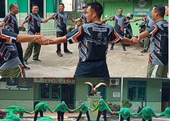 Anggota Koramil 418-08/Sako melaksanakan Kegiatan Senam bersama yang bertujuan untuk mempererat hubungan silaturahmi keluarga besar Koramil 418-08/Sako