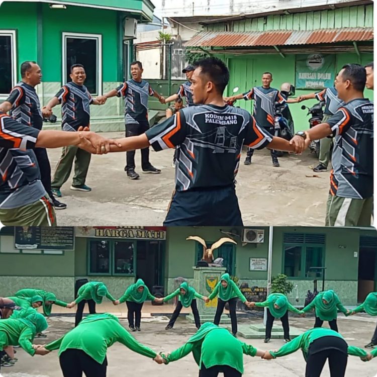 Anggota Koramil 418-08/Sako melaksanakan Kegiatan Senam bersama yang bertujuan untuk mempererat hubungan silaturahmi keluarga besar Koramil 418-08/Sako