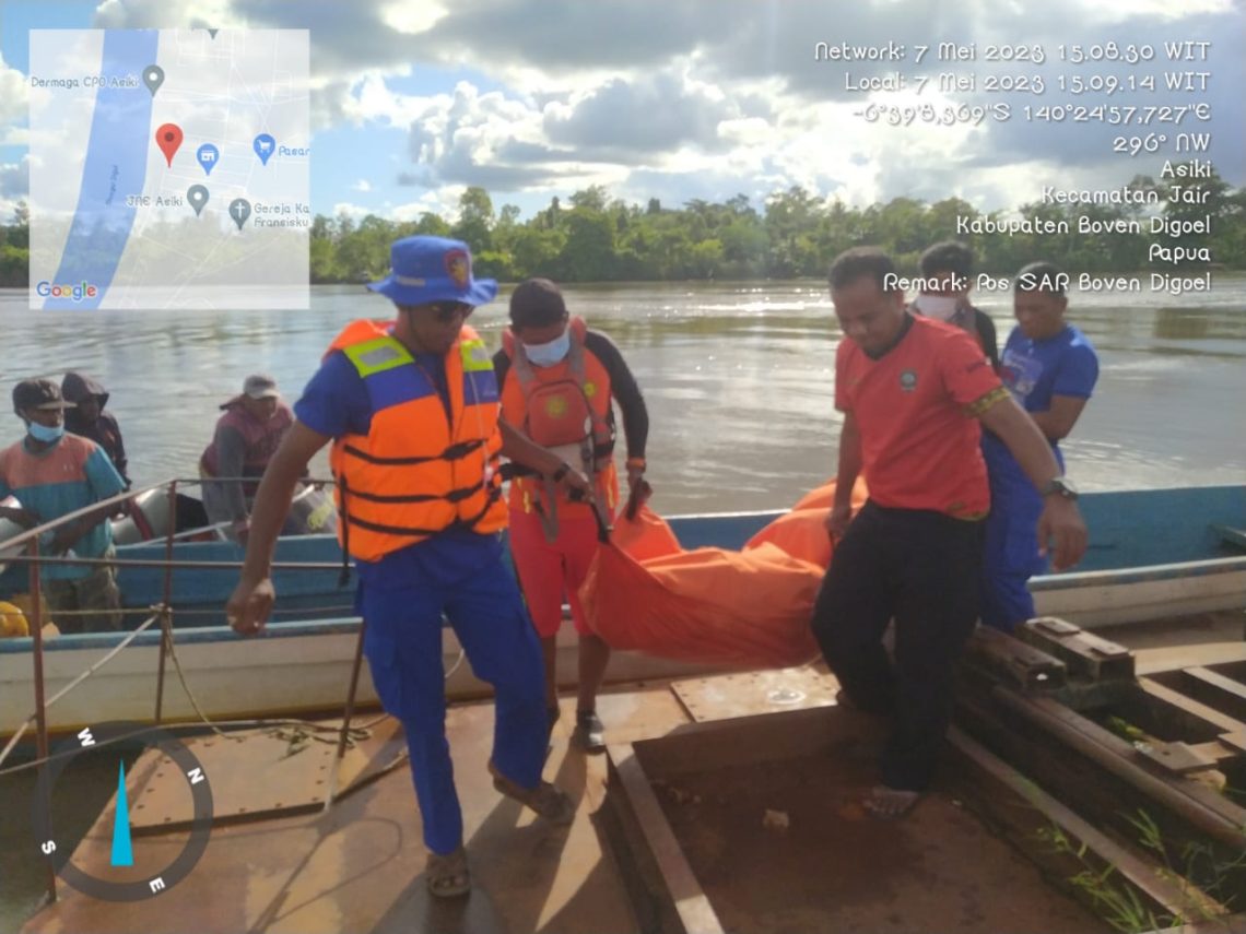 Korban atas nama YOHANES TANGINAI, ditemukan oleh Team gabungan pada giat pencarian Hari ke 3 dengan menggunakan perahu karet di seputaran TKP hingga menyisir tepian pulau kampung waghai Distrik Subur