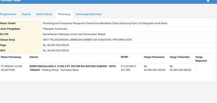 Tender Paket Pengaman Pantai Kota Meulaboh yang bersumber dana APBN tahun 2023