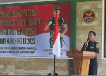 Kodim 0402/OKI menggelar kegiatan pembinaan komunikasi sosial (Komsos) cegah tangkal radikalisme dan separatisme dengan tema “ Idelogi Pancasila Sebagai Benteng Menangkal Dari Ancaman Radikalisme Dan Separatisme,” bertempat di Aula Darmawangsa Makodim, Jln Letnan Darna Jambi , Kelurahan Paku, Kecamatan Kayuagung, Senin (29/5/2023).