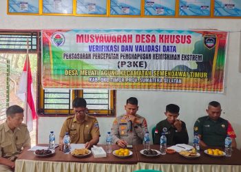 Kegiatan Musyawarah Desa Khusus Verifikasi dan Validasi Data Pensasaran Percepatan Penghapusan Kemiskinan Ekstrem ( P3KE ) Desa Melati Agung Kecamatan Semendawai Timur Kabupaten OKU Timur, Rabu (31/5/2023).