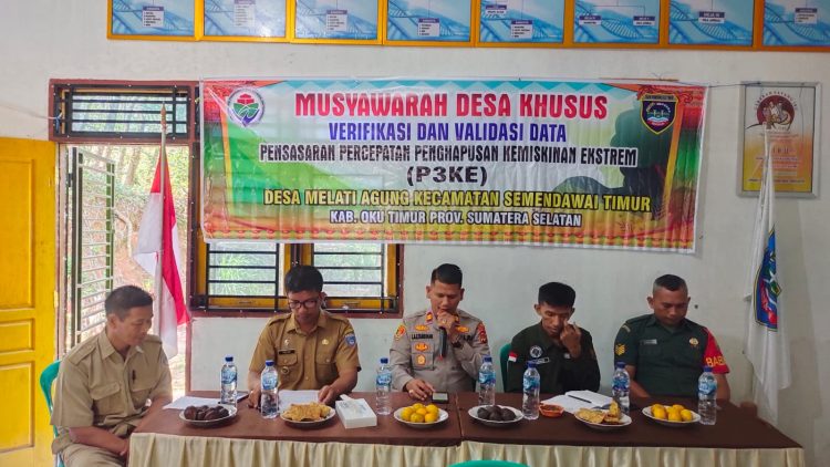 Kegiatan Musyawarah Desa Khusus Verifikasi dan Validasi Data Pensasaran Percepatan Penghapusan Kemiskinan Ekstrem ( P3KE ) Desa Melati Agung Kecamatan Semendawai Timur Kabupaten OKU Timur, Rabu (31/5/2023).