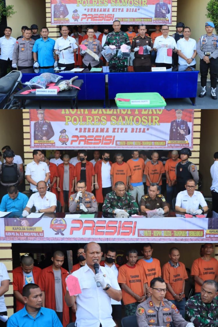 Polres Samosir melaksanakan Konferensi Pers terkait pengungkapan kasus Tindak Pidana Pembunuhan, Korupsi, Perjudian serta Tindak Pidana Narkotika di wilayah Kabupaten Samosir yang dipimpin langsung oleh Kapolres Samosir AKBP Yogie Hardiman, S.H.,S.I.K.,M.H.