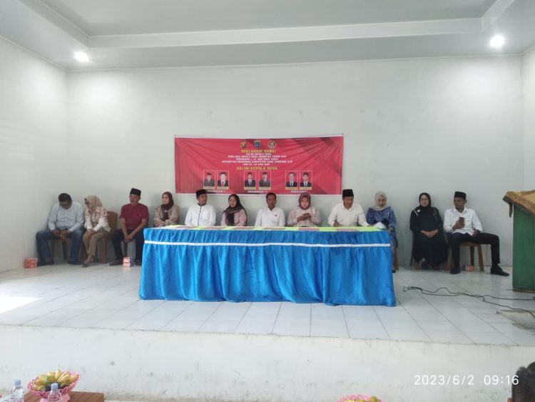 Sebanyak 6 calon kepala desa yang akan mengikuti pemilihan kepala desa (Pilkades) serentak di kecamatan Pedamaran kabupaten OKI tahun 2023, melakukan deklarasi damai di Balai Pertemuan desa Pedamaran III kecamatan Pedamaran