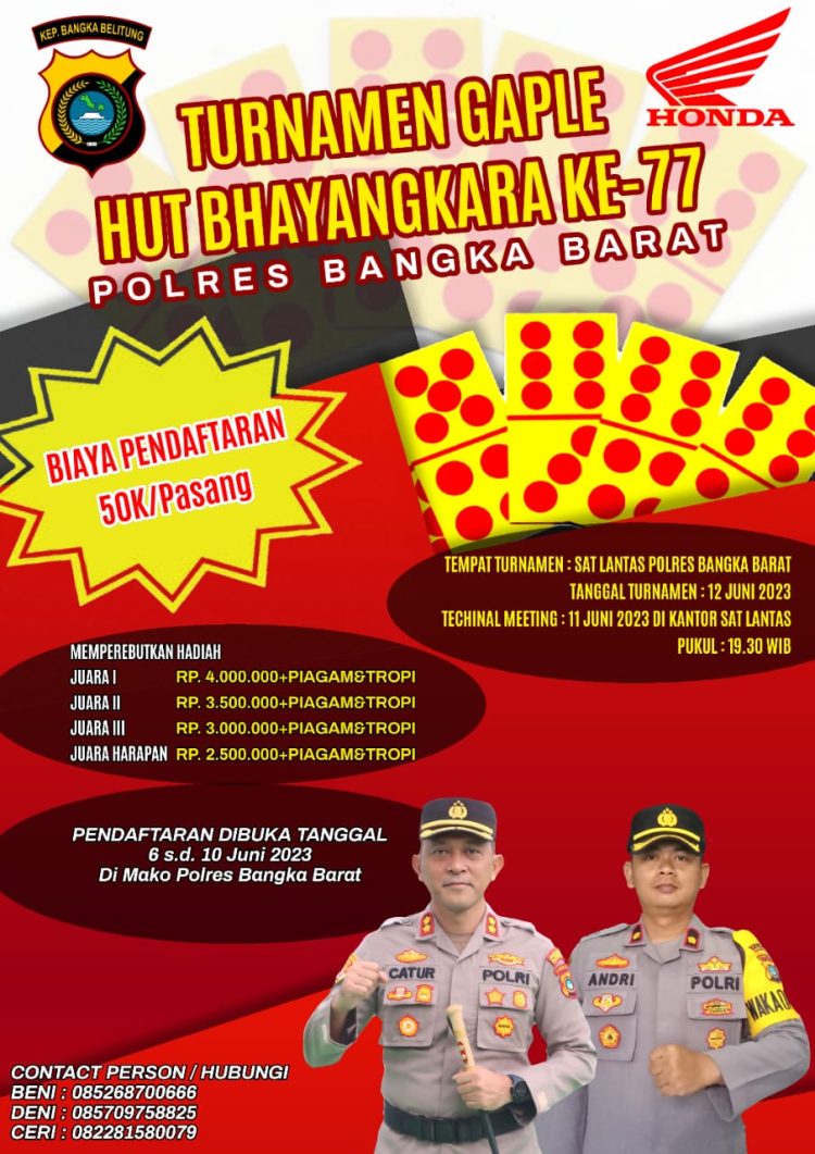 Polres Bangka Barat menggelar berbagai perlombaan yang dirangkai, salah satunya adalah lomba Seni Pikir Gaple/Domino, yang di gelar pada tanggal 12 Juni 2023, dan pendaftaran di buka pada 6 sd 10 juni 2023 dengan peserta dari masyarakat umum.