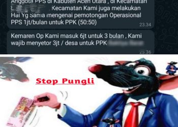 Pesan Whastapp berisi Mohon bantuan untuk kami pak, saya salah satu anggota PPS di Kabupaten Aceh Utara, Kecamatan Baktiya Barat, kecamatan kami juga melakukan pemotongan dan operasional, PPS 1 Juta Rupiah Perbulan,"