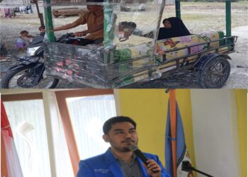 Rahmadi dan istrinya Raimah membawa anak mereka ke Banda Aceh untuk berobat dengan menaiki becak