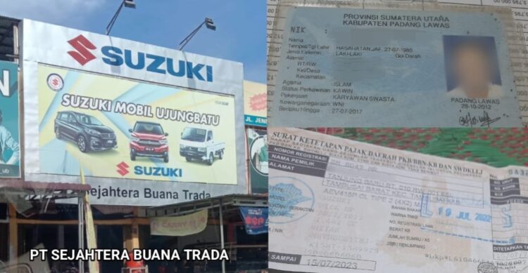 PT. Sejahtera Buana Trada dealer Suzuki Ujung Batu - Riau (foto kiri) - KTP Konsumen (kanan atas) - STNK Mobil Konsumen (kanan bawah) foto : Dok/Mitrapolri.com