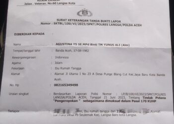 Surat bukti Lapor nomor : SKTBL/100/VI/2023/SPKT/POLRES LANGSA/ POLDA ACEH.