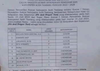 Surat pengumuman hasil uji kelayakan dan kepatutan calon anggota Komisi Independen Pemilihan (KIP) Kabupaten Aceh Tamiang periode 2023-2028 yang menggunakan Kop Surat dan Stempel DPRK Aceh Tamiang tertanggal 14 Juli 2023 serta ditandatangani Ketua Komisi I Miswanto