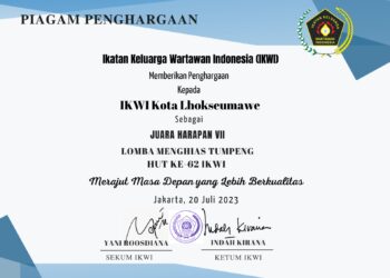 Ikatan Keluarga Wartawan Indonesia (IKWI) Kota Lhokseumawe berhasil mendapat penghargaan prestisius dari IKWI pusat setelah mengikuti perlombaan menghias tumpeng secara nasional yang diikuti 23 peserta yang berasal dari berbagai provinsi di Indonesia dalam rangka HUT ke - 62 IKWI dipusatkan di Gedung PWI Pusat.