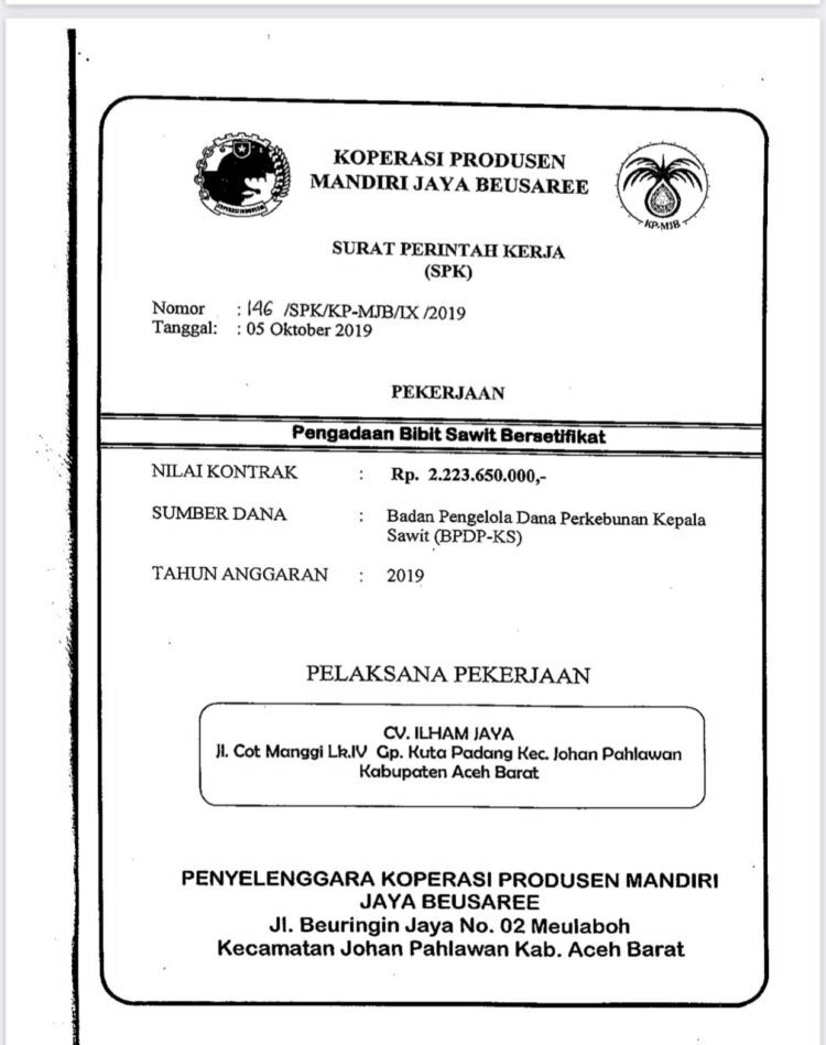 Surat perjanjian kerja: 006/SPK/KP-MJB/I/2019