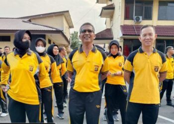 Apel Olahraga di halaman Apel Pagi Mapolda Sumsel Jalan Jenderal Sudirman KM 4 Palembang, Jumat pagi (28/07/2023).