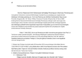 Komisi Nasional Anti Kekerasan terhadap Perempuan (Komnas Perempuan) menyurati Kapolsek Sosa, AKP Haposan H. SH terkait perkara Nomor. LP/63/XII/2022/SPKT/SEK SOSA/ PALAS/SUMUT