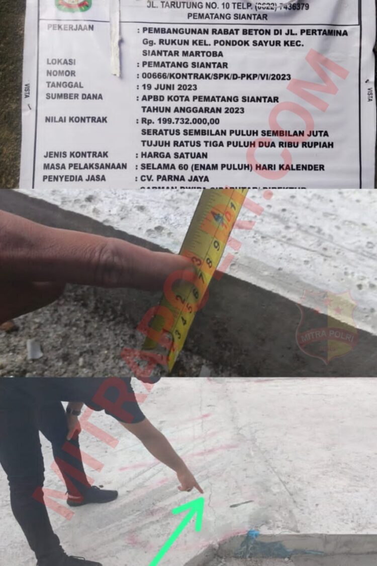 Kondisi Pembangunan Jalan Rabat Beton di Jalan Pertamina Gg. Buntu Kelurahan Pondok Sayur Kecamatan Siantar Martoba dengan Pagu Anggaran Rp 199.732.000 Pemenang tender oleh CV. Parna Jaya