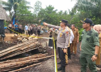 TINJAU: Kapolda Sumut, Irjen Pol Agung Setya Imam Efendi meninjau kegiatan pengolahan kayu bakau ilegal membuat hutan mangrove gundul di Desa Lubuk Kertang, Kecamatan Brandan Barat, Kabupaten Langkat, Senin (31/7/2023). (Foto Dok/ Polda Sumut)