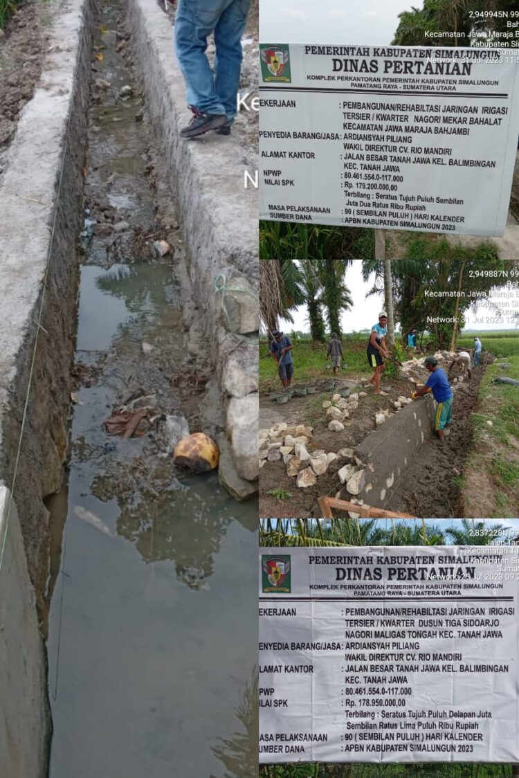 Pengerjaan proyek Peningkatan Jaringan Irigasi Permukaan yang berlokasi Dusun Tiga Sidoarjo di Nagori Maligas Tongah, Kecamatan Tanah Jawa