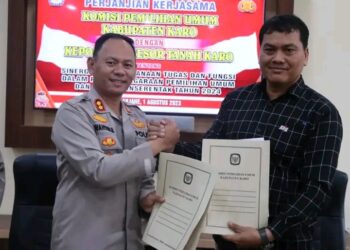 Polres Tanah Karo melaksanakan penandatanganan perjanjian kerjasama dengan Komisioner Komisi Pemilihan Umum (KPU) Kabupaten Karo, Selasa (1/8/2023).
