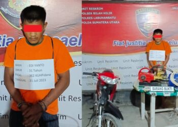 Polsek Bilah Hilir menangkap Edi Yanto alias Glembor (31) warga Dusun Sidomakmur, Desa Kampung Bilah, Kecamatan Bilah Hilir, Kabupaten Labuhanbatu, pelaku pencurian satu set mesin compresor air milik PT. Bilah Platindo, Senin (31/07/2023) sekira pukul 12.30 Wib.