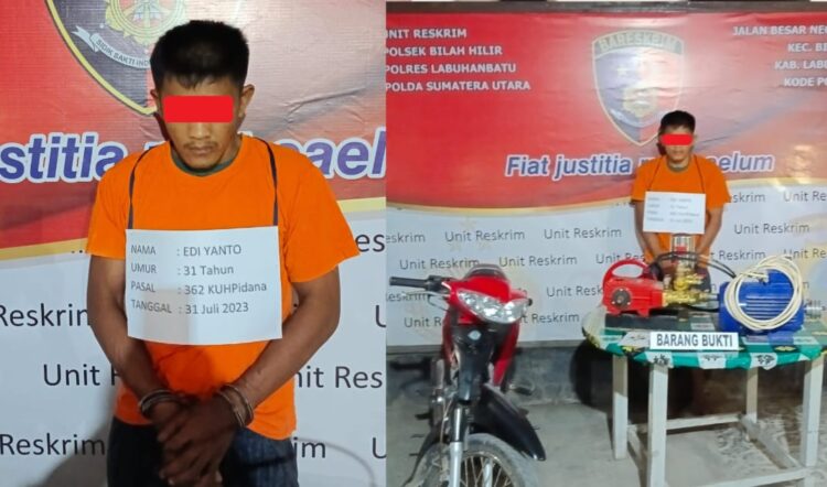 Polsek Bilah Hilir menangkap Edi Yanto alias Glembor (31) warga Dusun Sidomakmur, Desa Kampung Bilah, Kecamatan Bilah Hilir, Kabupaten Labuhanbatu, pelaku pencurian satu set mesin compresor air milik PT. Bilah Platindo, Senin (31/07/2023) sekira pukul 12.30 Wib.