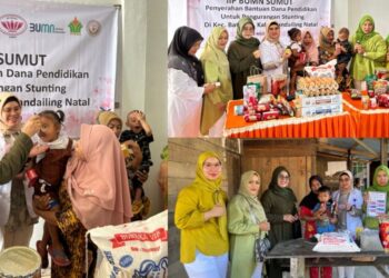 Ketua Ikatan Istri Pimpinan (IIP) BUMN Sumatera Utara Ibu Tute Sucipto Prayitno dengan Ikatan Keluarga Besar Istri (IKBI) Unit Group - II dan Madina Grup serta PTPN IV Madina Grup lakukan kegiatan dalam memberantas Stunting pada Anak di Wilayah Kecamatan Batahan Kabupaten Mandailing Natal