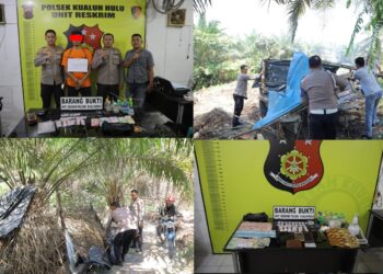 Kepala Desa Kuala Beringin Samsir Tampubolon dan Kapolsek Kualuh Hulu AKP Ghulam Yanuar Lutfi bersama personel dan perangkat Desa grebek Kampung Narkoba.