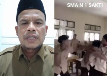 Kepala sekolah SMAN 1 kecamatan sakti, kabupaten Pidie, Muslem (kiri) dan video perkelahian antar siswa SMAN 1 Kecamatan Sakti (kanan)