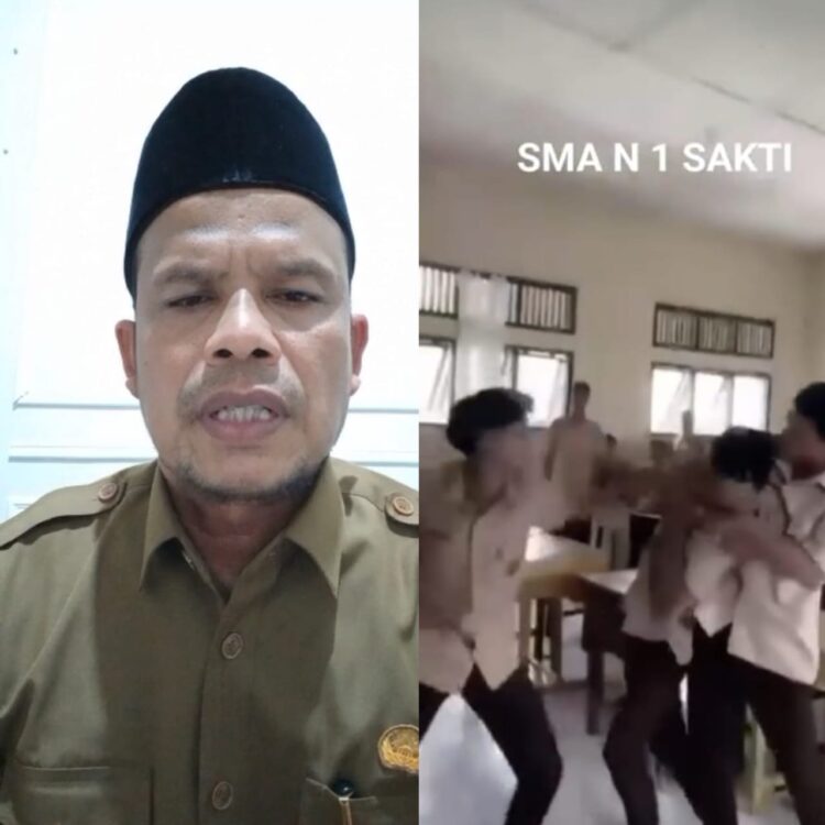 Kepala sekolah SMAN 1 kecamatan sakti, kabupaten Pidie, Muslem (kiri) dan video perkelahian antar siswa SMAN 1 Kecamatan Sakti (kanan)